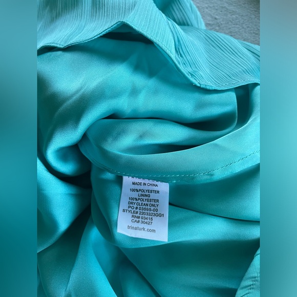 NWT Trina Turk Aqua Turquoise Satin Babydoll Mini Dress Tiered Long Sleeve Large - Picture 8 of 8